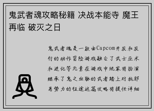 鬼武者魂攻略秘籍 决战本能寺 魔王再临 破灭之日