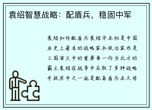 袁绍智慧战略：配盾兵，稳固中军